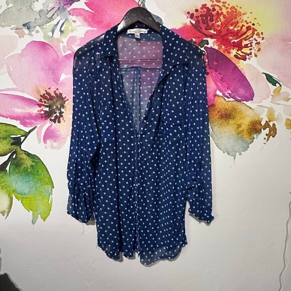 French Laundry Womens Top 3X Blue with White Poka Dots Blend Sheer Button up - Picture 1 of 3